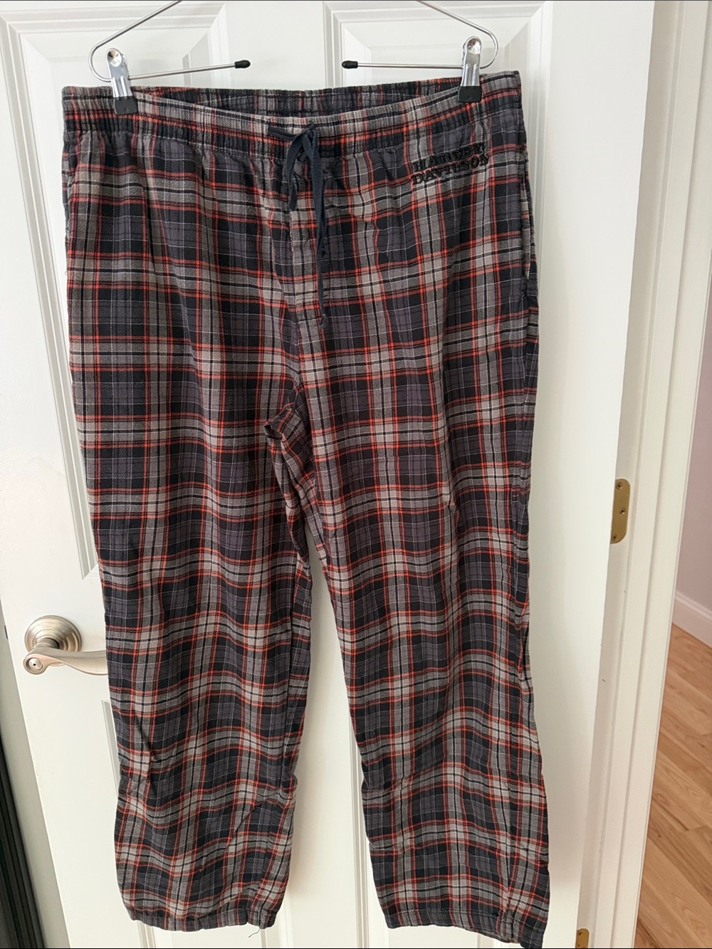 HD Plaid flannel pants in in black, gray & orange, two pockets, elastic waist